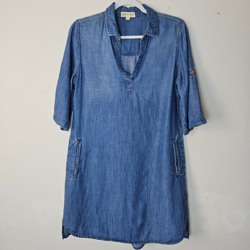 Cloth & Stone Acata Chambray Blue Denim Mini Dress S Tunic Shirt Dress - Picture 2 of 9